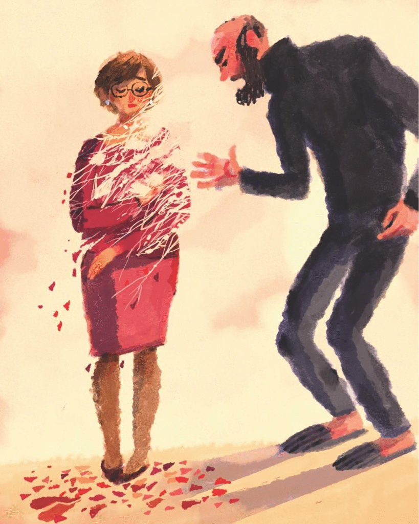 imagem ilustrativa: homem gesticula e parece gritar com mulher, cuja imagem se desfaz